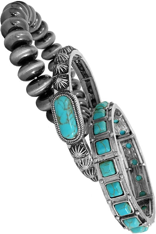 Turquoise and Pearls Set of 3 Bracelets