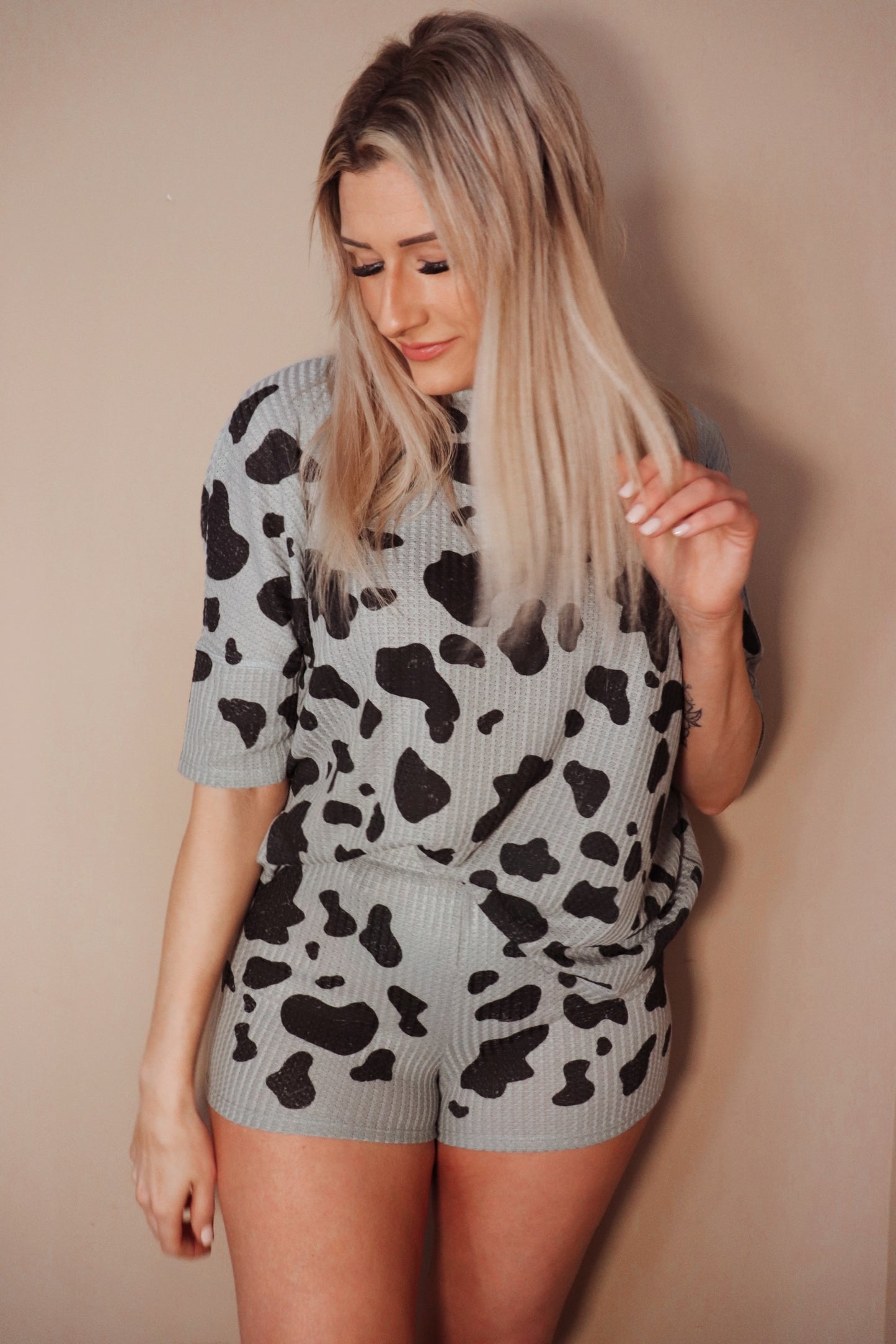 Sage Cow Print Lounge Short Set