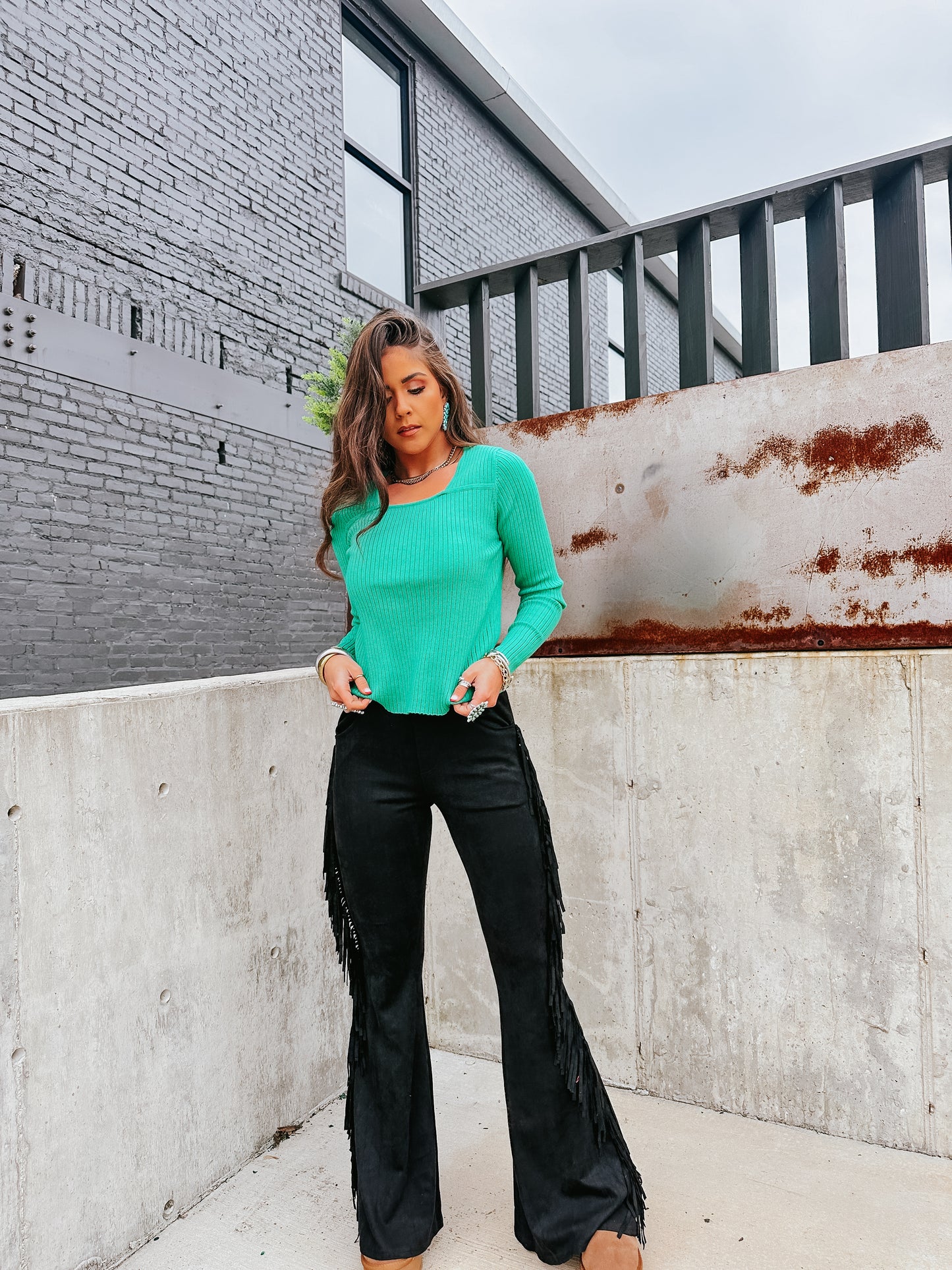Suede Fringed Flared Pants
