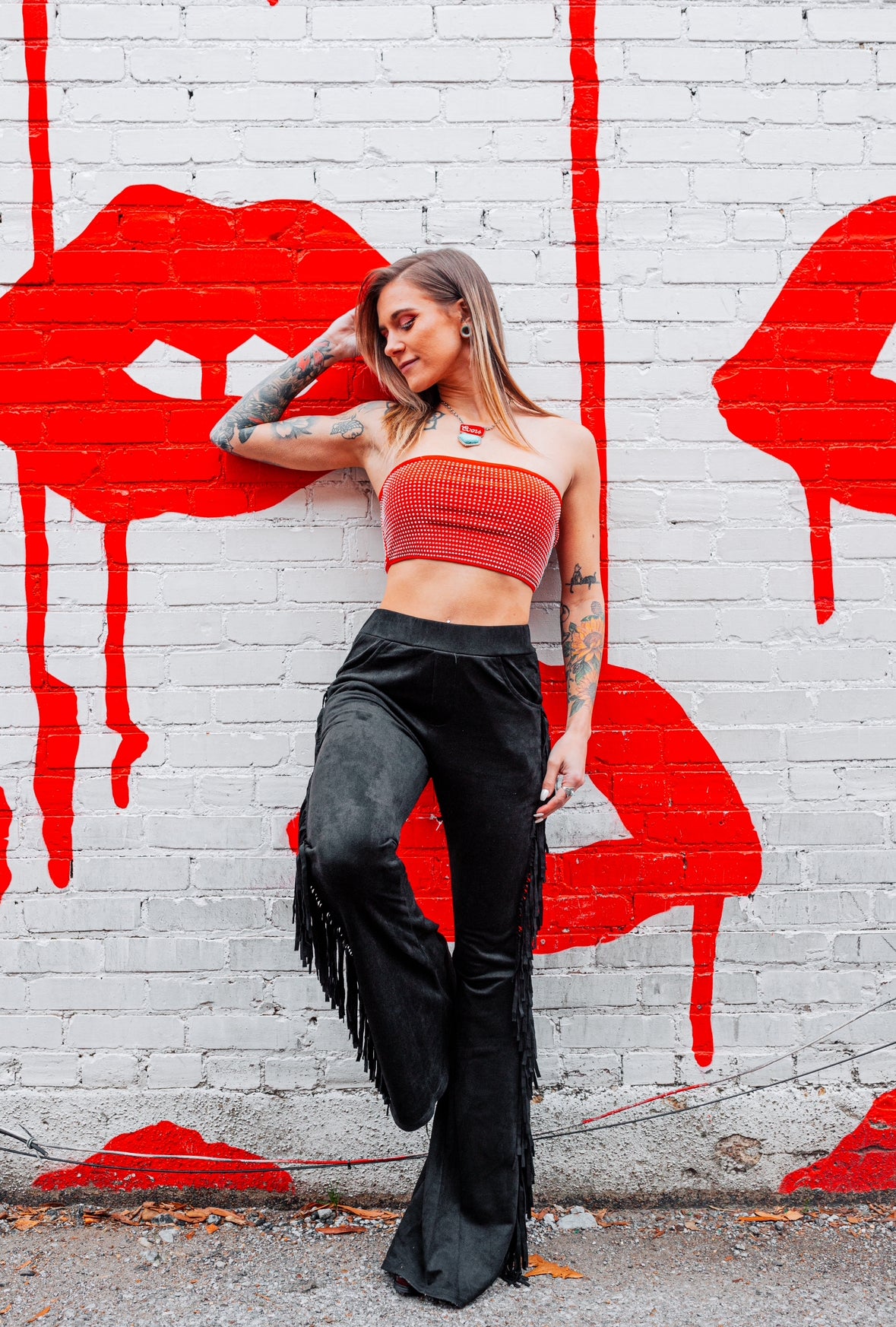 Suede Fringed Flared Pants