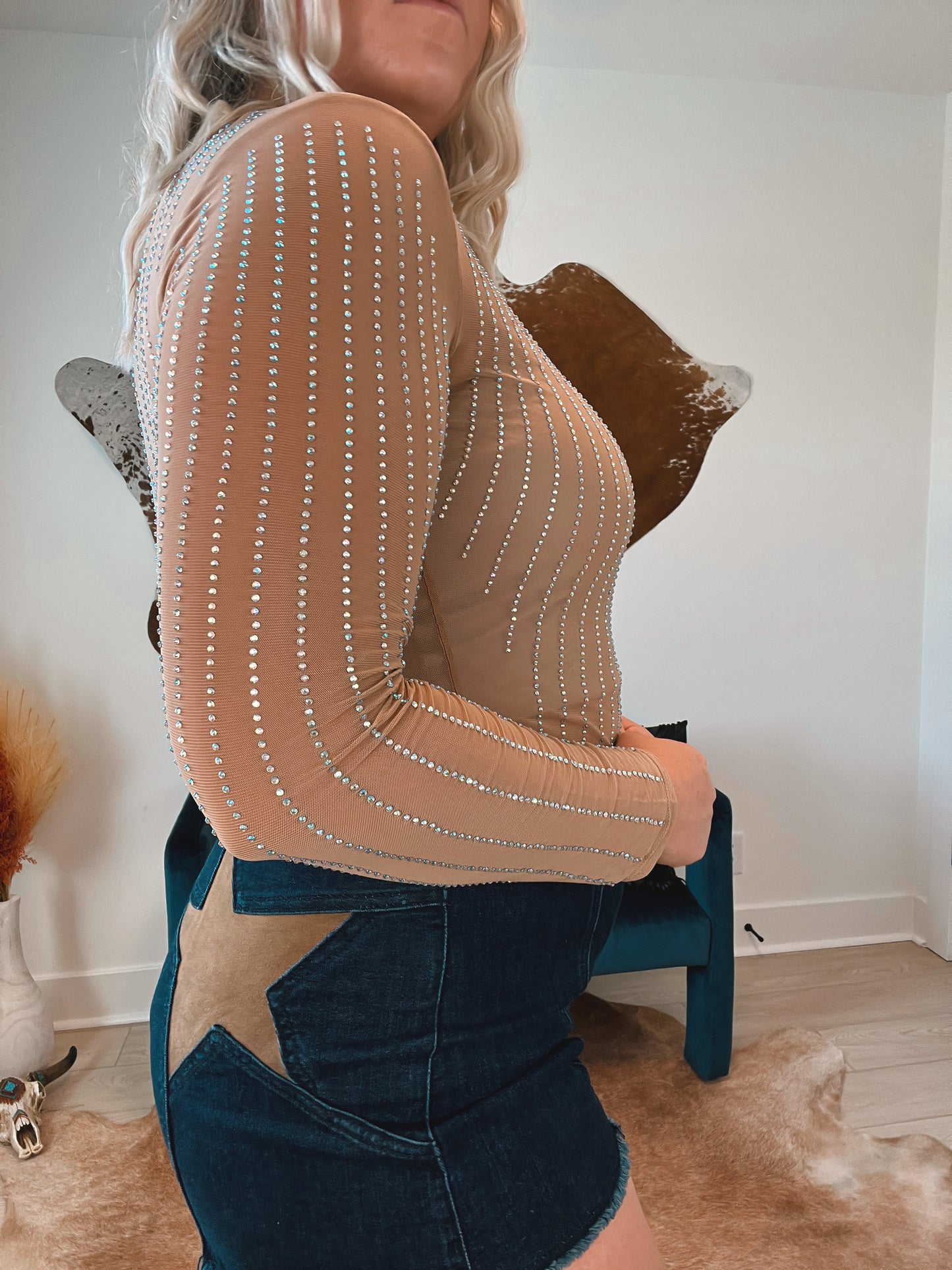 Nude Mesh & Rhinestone Bodysuit