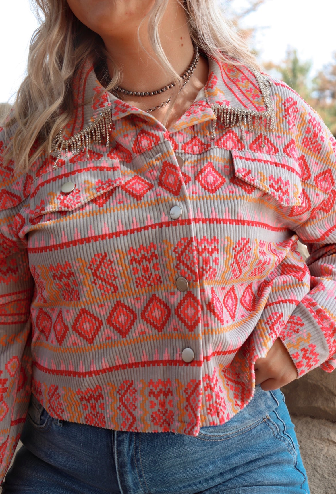 Pink Aztec Jacket with Rhinestone