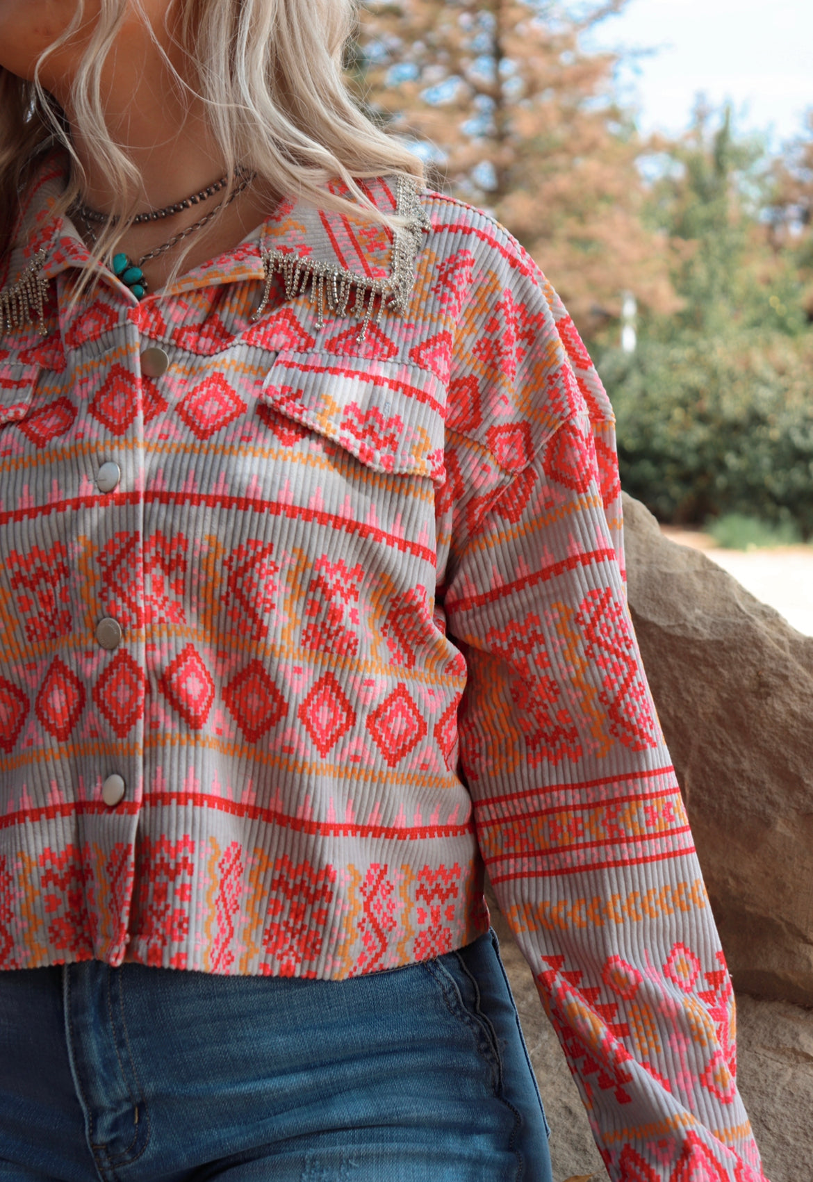 Pink Aztec Jacket with Rhinestone