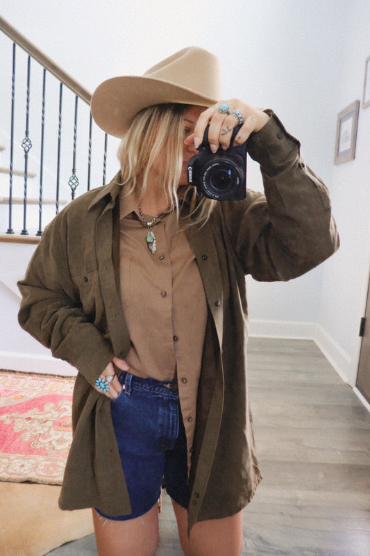 Olive Green Suede Button Up